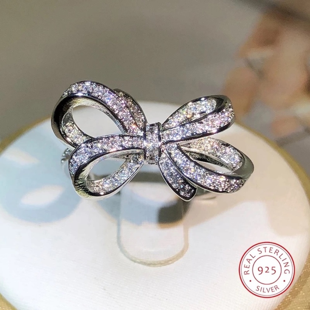 New 925 sterling silver big bow ring, zircon qring for women.